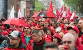 Members of CGSP, Belgium’s public sector workers’ union, protest in Mons.