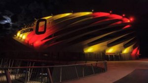Nagyardei Stadium is illuminated with the Belgian national colours in Debrecen, 226 kms east of Budapest, Hungary, Tuesday, March 22, 2016 to pay tribute to victims of the terrorist attacks committed earlier Tuesday in Brussels, the capital of Belgium. Dozens of people were killed and more than 200 injured when bombs were detonated at Brussel’s Zaventem international airport and at a metro station of the city.